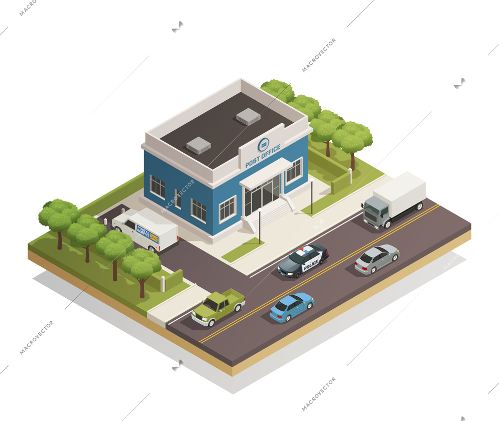 Postal mail service local post office building in busy city district street composition isometric view vector illustration