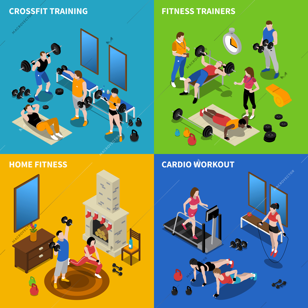 Gym and fitness concept icons set with training symbols isometric isolated vector illustration