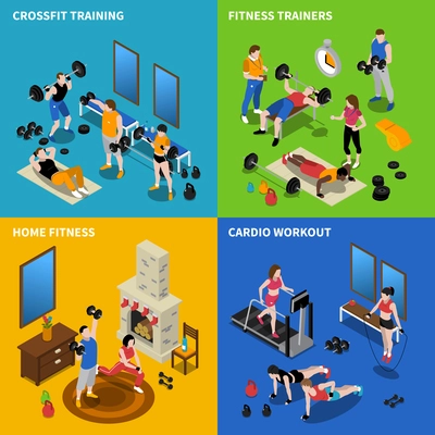 Gym and fitness concept icons set with training symbols isometric isolated vector illustration