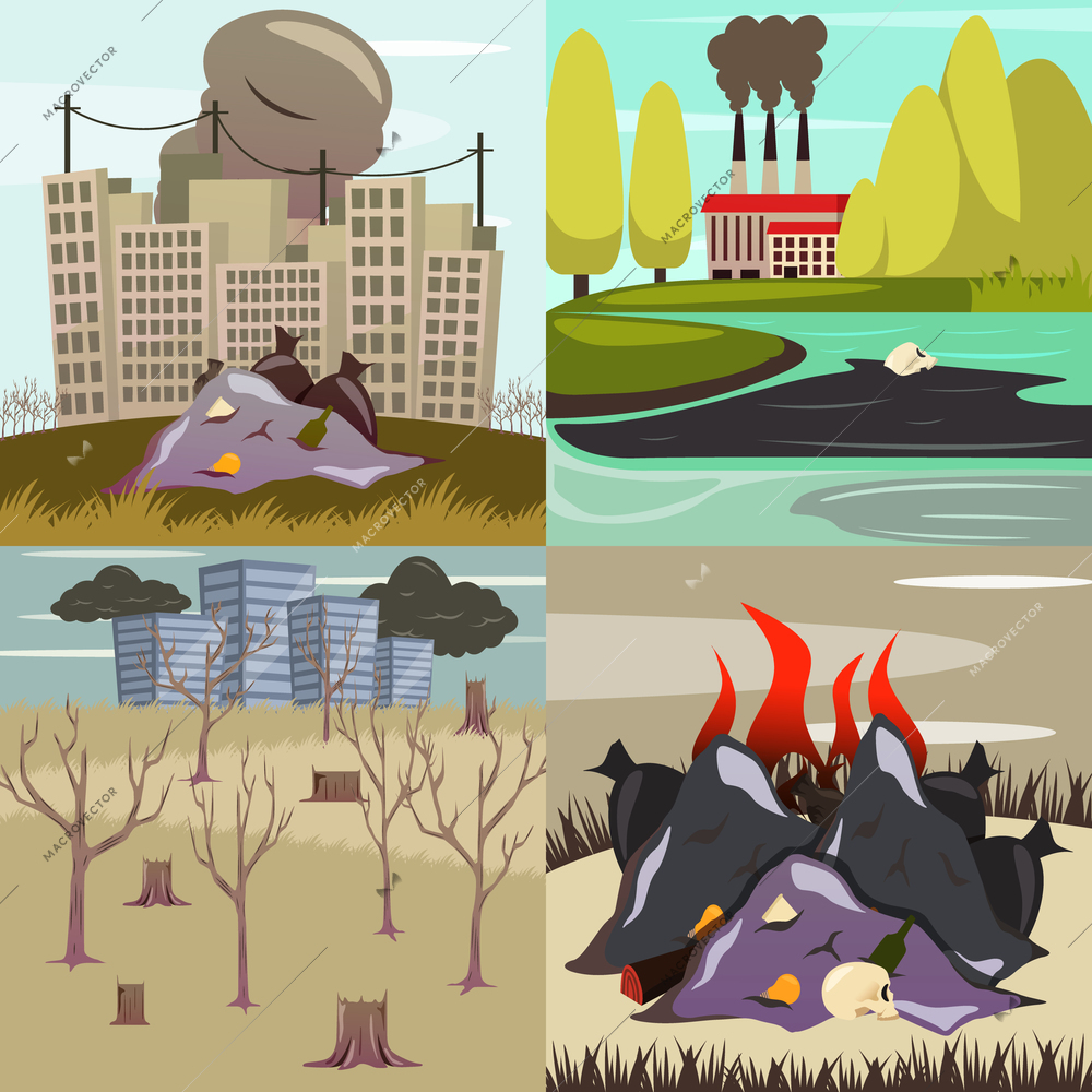 Man-made environmental disasters 4 orthogonal icons square with oil spill pollution and fire isolated vector illustration