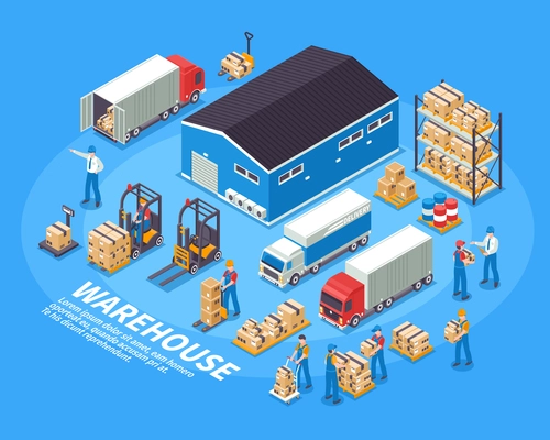 Logistics and warehouse concept with delivery and cargo symbols isometric isolated vector illustration
