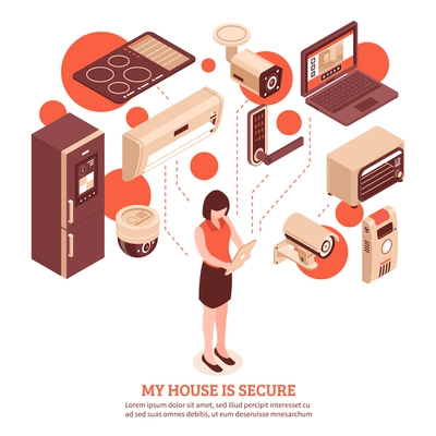 Colored isometric smart home concept with woman and my house is secure description vector illustration