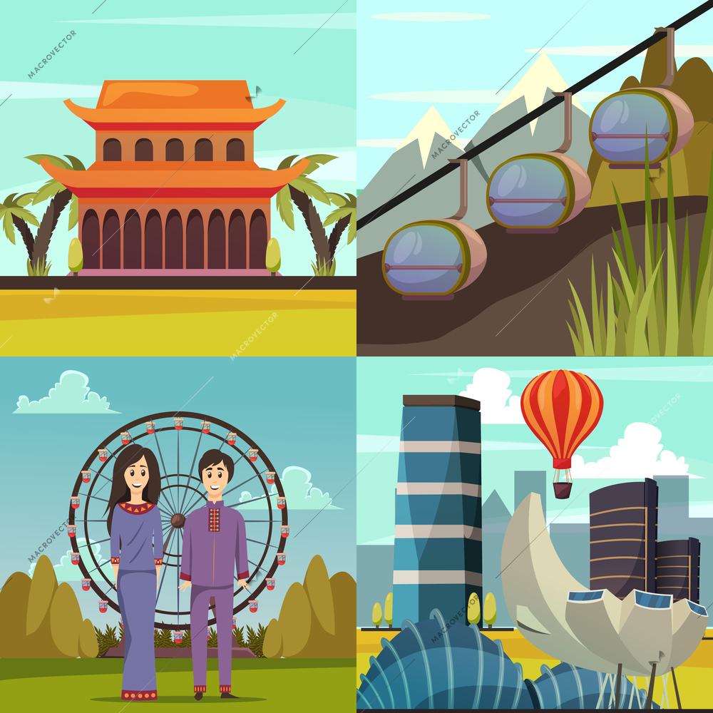 Singapore landmarks collection 4 orthogonal icons square with marina bay flyer museum cable car isolated vector illustration