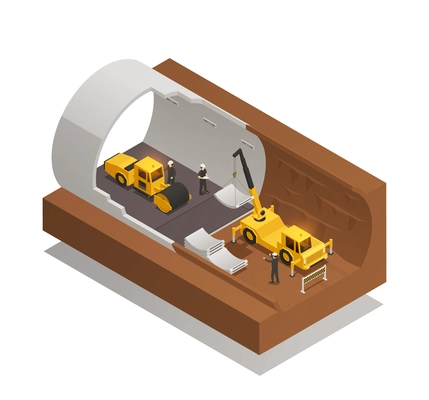 Isometric composition with underground tunnel construction process on white background 3d vector illustration