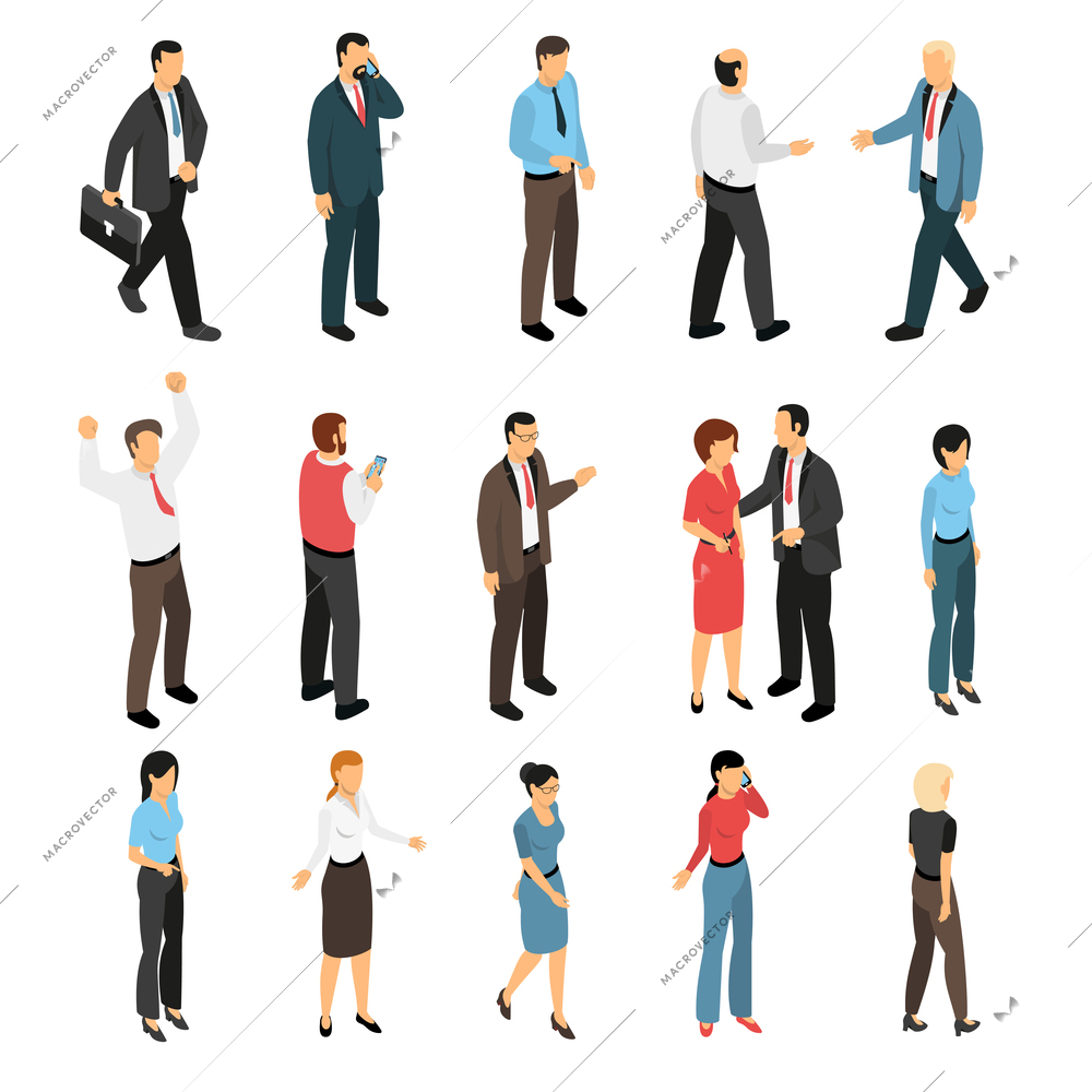 Man and woman creation isometric set with male and female figurines expressing emotions talking meeting going isolated vector illustration