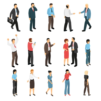 Man and woman creation isometric set with male and female figurines expressing emotions talking meeting going isolated vector illustration