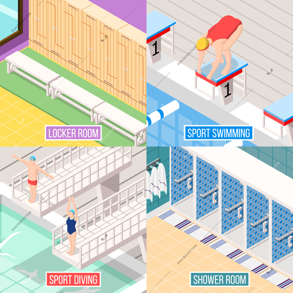 Isometric swimming pool 2x2 design concept with images of athletes and elements of indoor interior facilities vector illustration