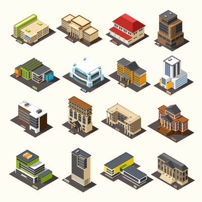 Government building isometric set with images of isolated administrative houses of different purposes and architectural style vector illustration