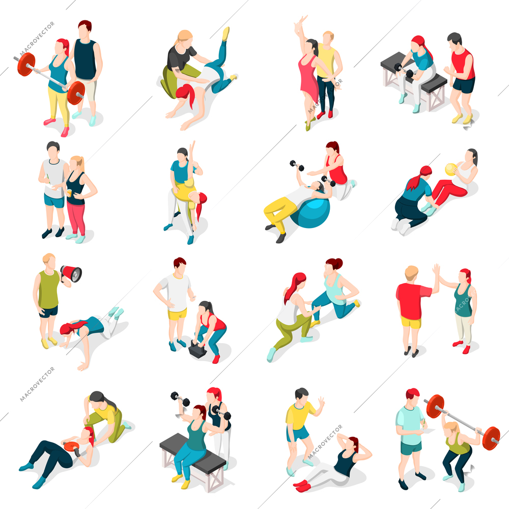 Personal sport trainer isometric icons set of isolated human characters of people performing exercises with coach vector illustration