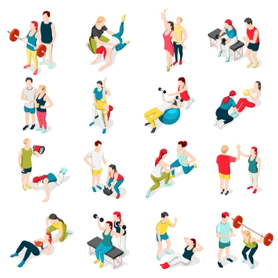 Personal sport trainer isometric icons set of isolated human characters of people performing exercises with coach vector illustration