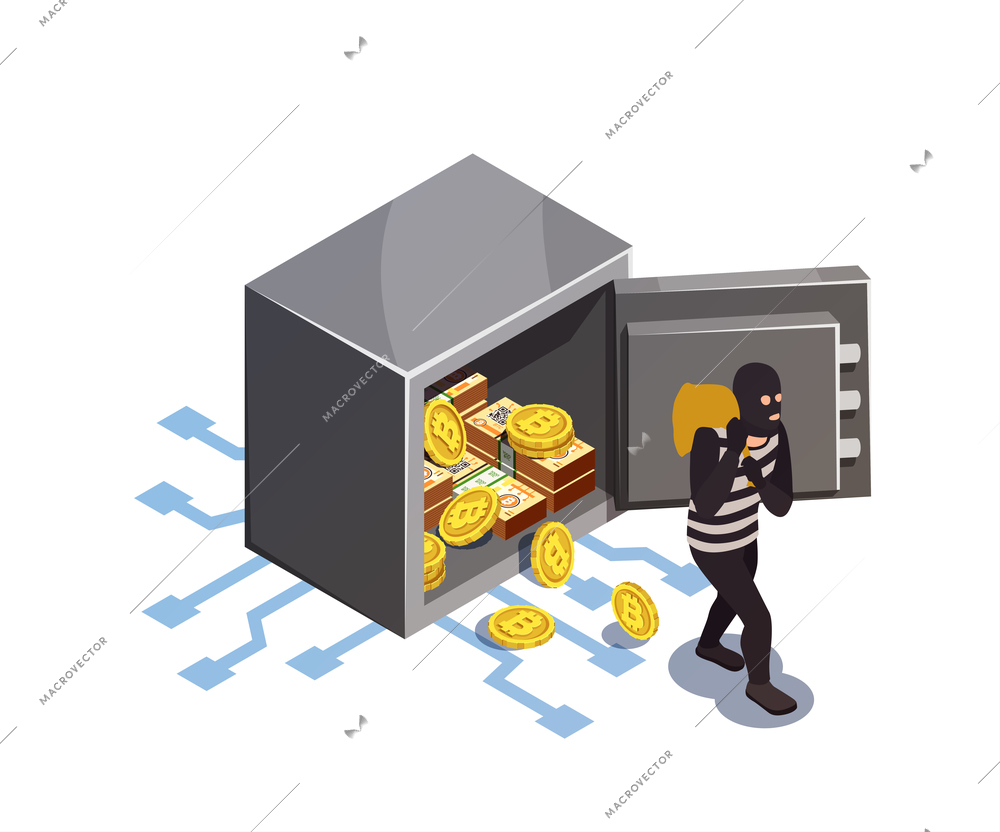 Data encryption cyber security isometric composition with electronic safe box burglary and human character of thief vector illustration