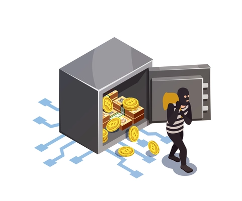 Data encryption cyber security isometric composition with electronic safe box burglary and human character of thief vector illustration