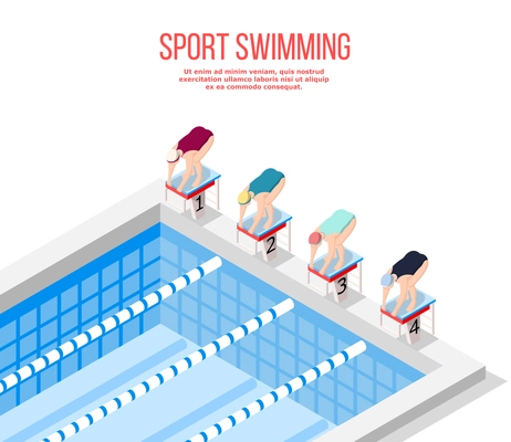 Isometric swimming pool background composition with editable text and four athletes taking marks before race competition vector illustration