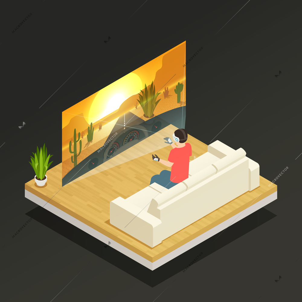 Isometric composition with man wearing augmented reality glasses and playing at home 3d vector illustration