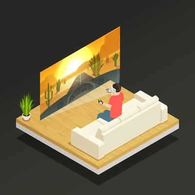 Isometric composition with man wearing augmented reality glasses and playing at home 3d vector illustration