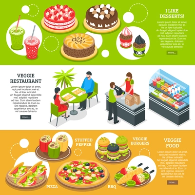 Vegetarian horizontal banners set with stuffed peppers veggie burgers pizza dessert isometric decorative icons vector illustration