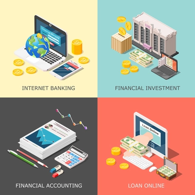 Isometric accounting 2x2 design concept with cumbersome conceptual icons of computer equipment office supplies and money vector illustration