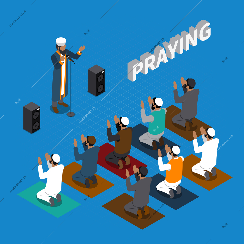 Praying in islam isometric composition with religious leader and muslims on mats on blue background vector illustration