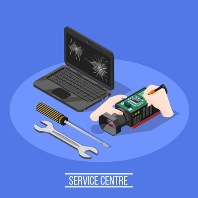 Service centre composition with spanner screwdriver laptop with broken screen digital video camera in man hands isometric vector illustration