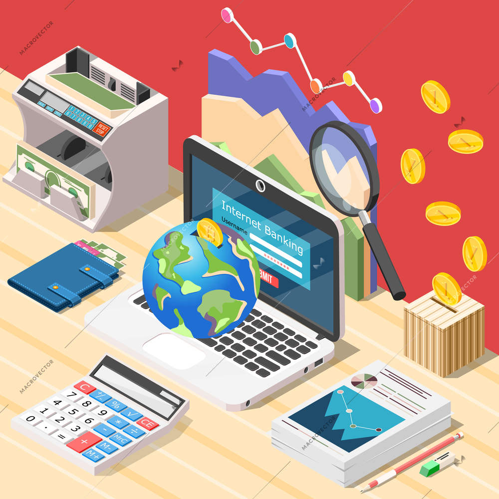 Isometric accounting background composition with workplace of accountant digital calculator laptop and conceptual financial infographic icons vector illustration