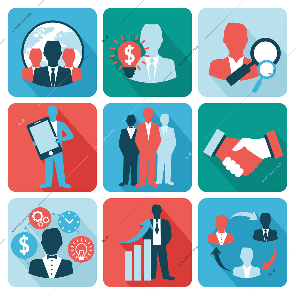 Business and managements flat icons set of effective strategy teamwork isolated vector illustration