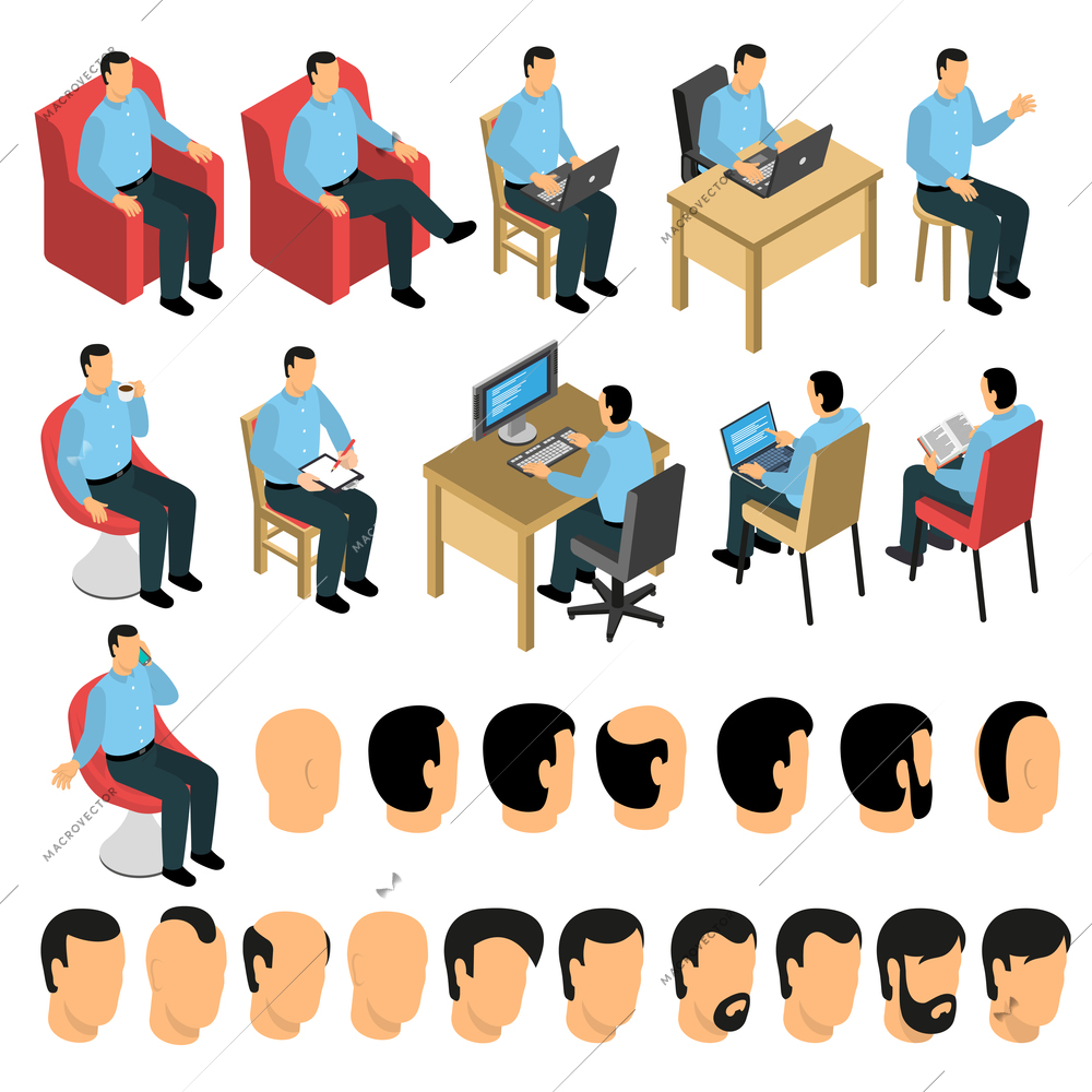 Sitting man constructor creation set with different body poses and gesture for office and business theme collection isolated vector illustration