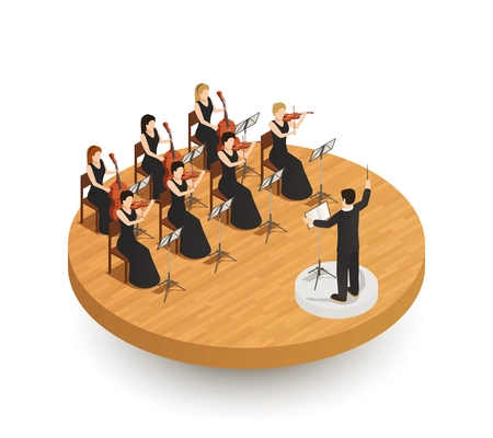 Orchestra isometric composition with conductor and female musicians playing various musical instruments on wooden stage 3d vector illustration