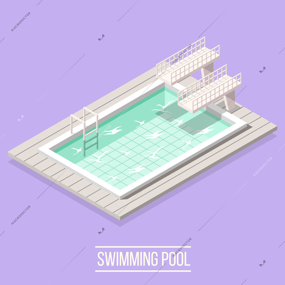 Isometric swimming pool composition with isolated image of piscine high diving boards and water vector illustration