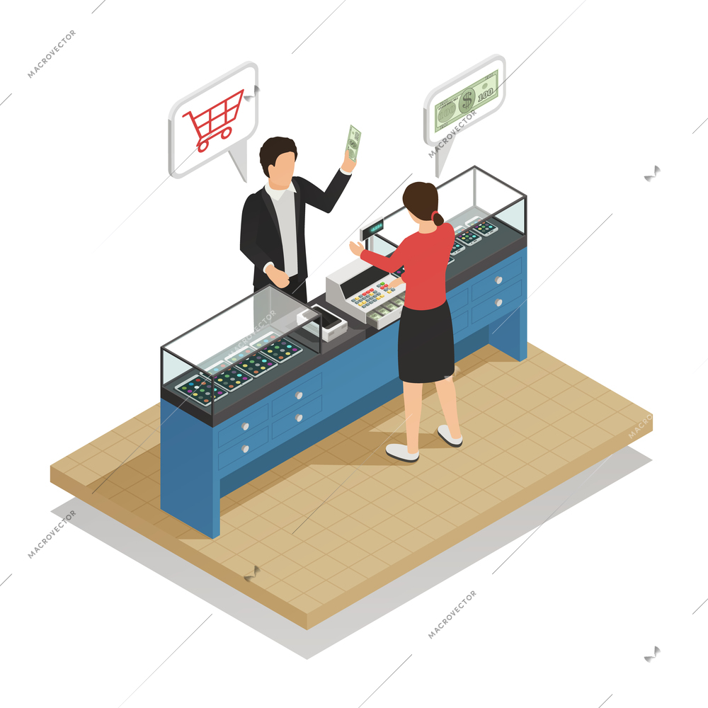 Payments methods isometric composition with customer paying with cash and salesman holding green dollar banknotes vector illustration