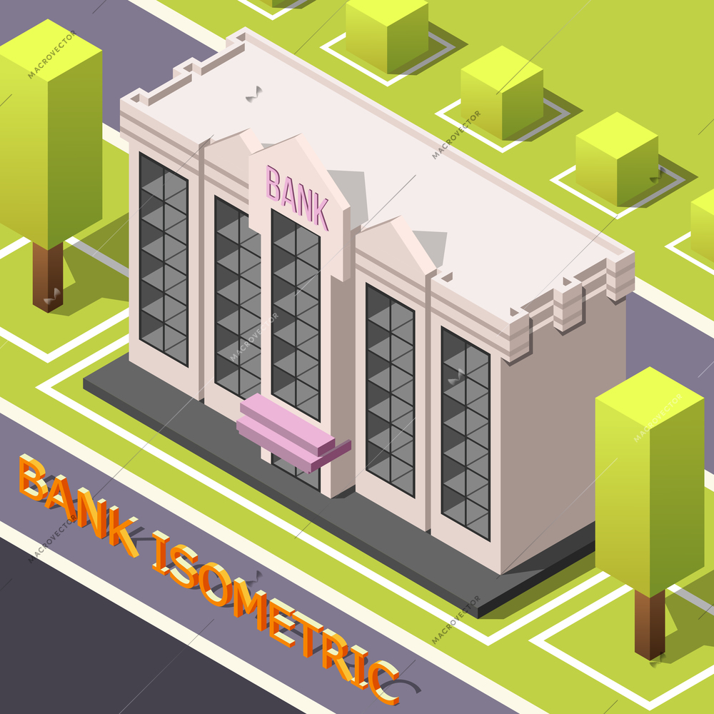 Isometric accounting background with urban street scenery cubic trees and bank head office building with text vector illustration