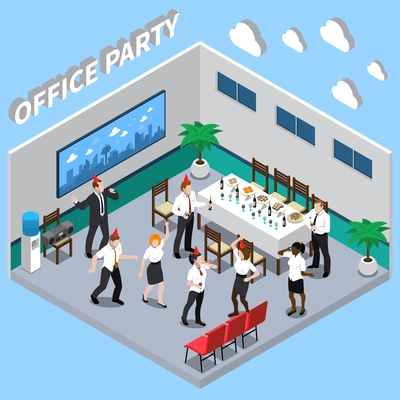 Office party isometric composition on blue background with singing and dancing people, table with snacks vector illustration