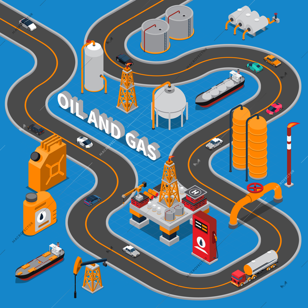 Oil and gas isometric composition on blue background with various transportation, road, industrial facilities, canisters vector illustration