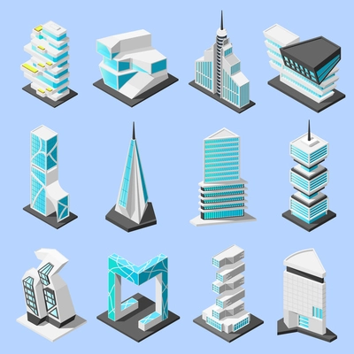 Isometric futuristic architecture set with isolated images of hi tech style modern buildings and skyscrapers vector illustration