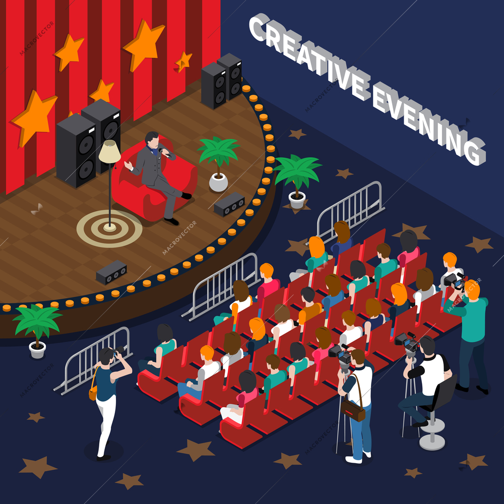 Creative evening isometric composition including artist with microphone on stage, spectators, video and photo shooting vector illustration