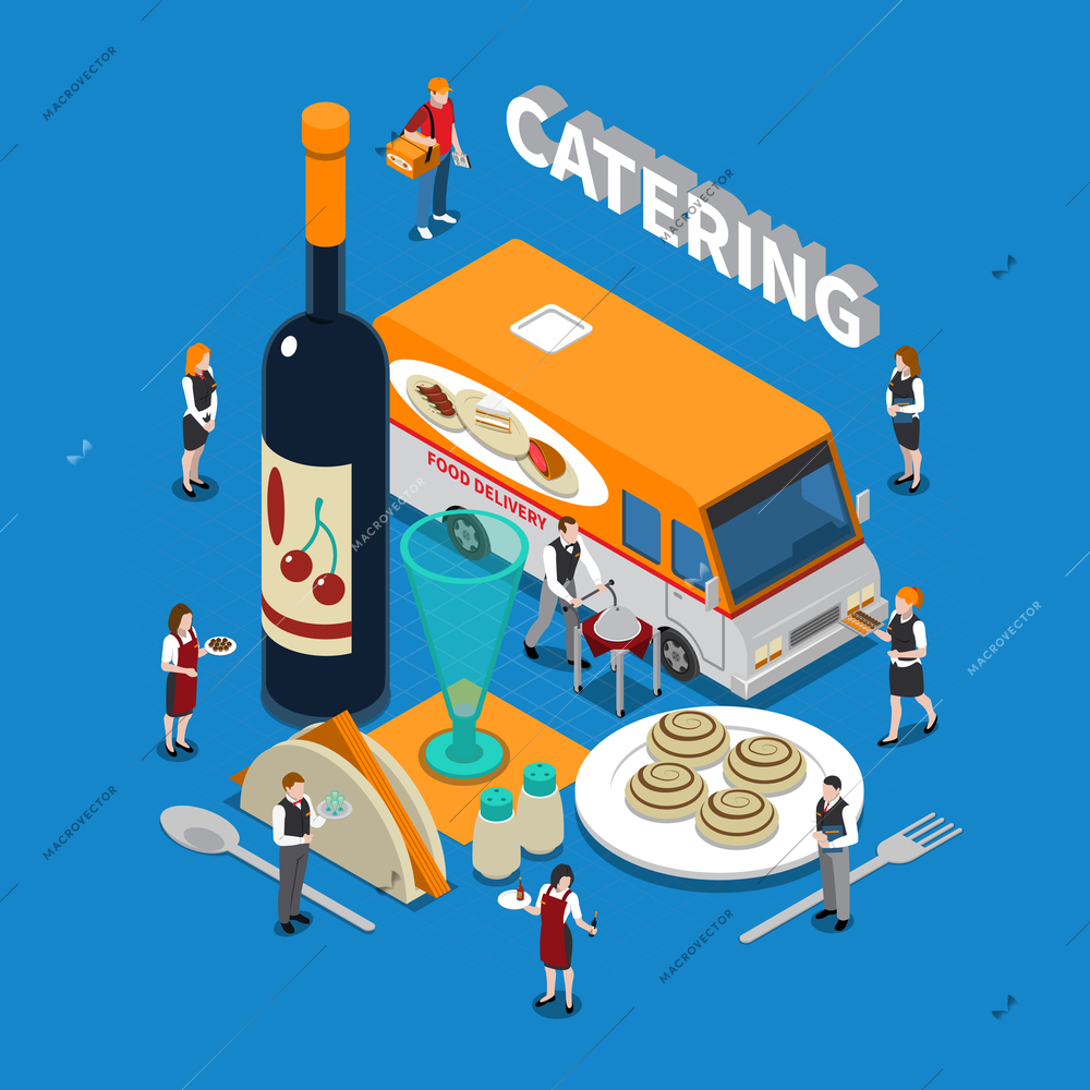 Catering isometric composition with staff, wine bottle, table setting elements, food delivery on blue background vector illustration