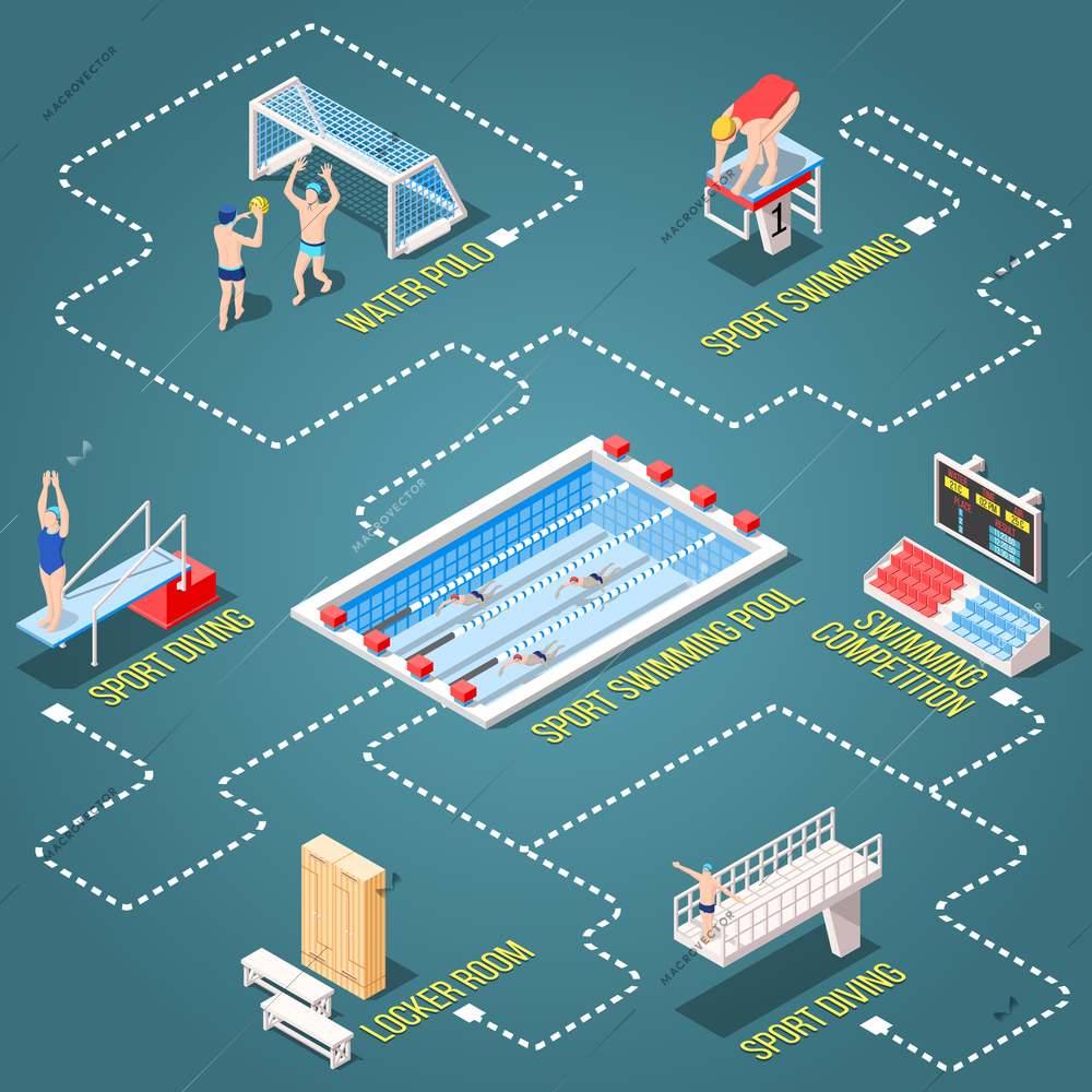 Isometric swimming pool flowchart with isolated images for different kinds of water sport and dashed lines vector illustration