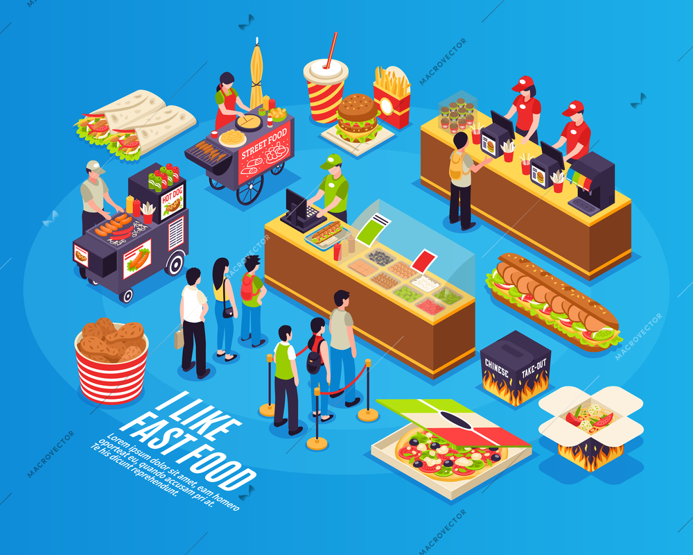 Fast food isometric design concept with  street sellers restaurant cashiers and eating icons on blue background vector illustration