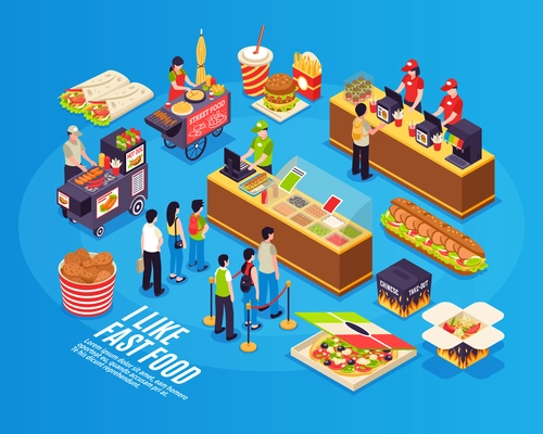 Fast food isometric design concept with  street sellers restaurant cashiers and eating icons on blue background vector illustration
