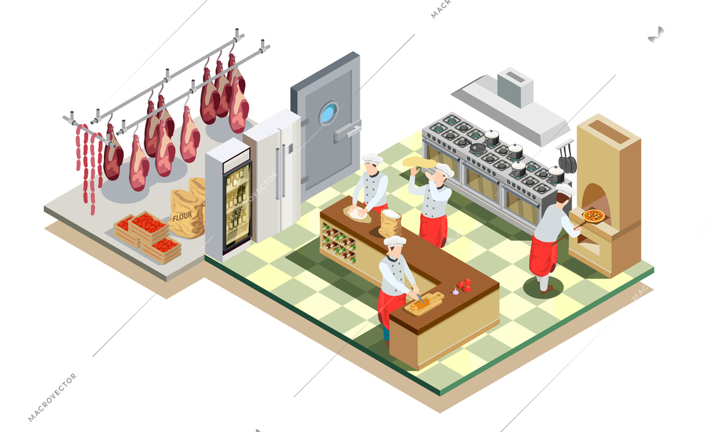 Professional cooking people chef pizzaiolo isometric people composition with big restaurant kitchen environment kitchen equipment and workers vector illustration