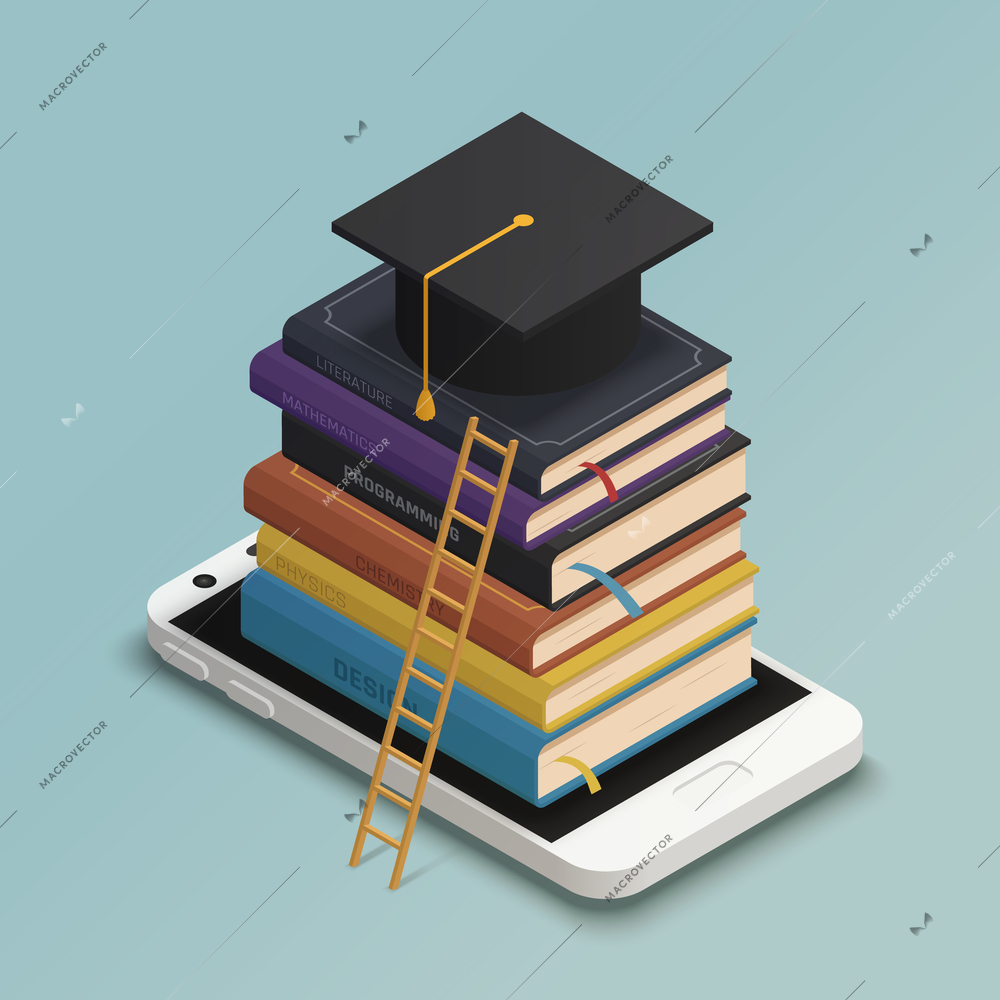 E-learning isometric composition with textbooks smartphone and graduation cap on blue background 3d vector illustration