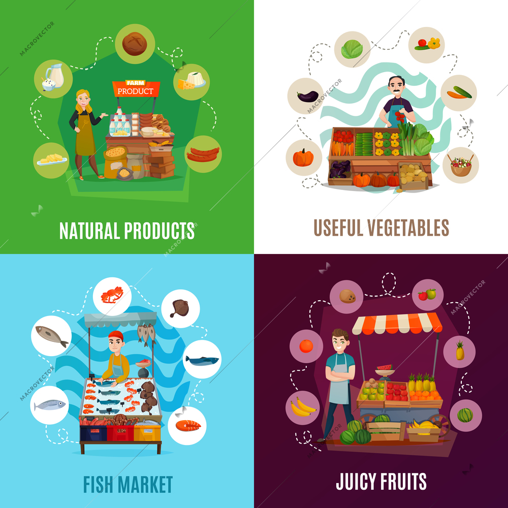 Street food concept icons set with market symbols flat isolated vector illustration