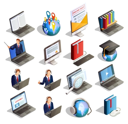 Online education isometric icons collection of sixteen isolated laptop computer books conceptual images with student characters vector illustration