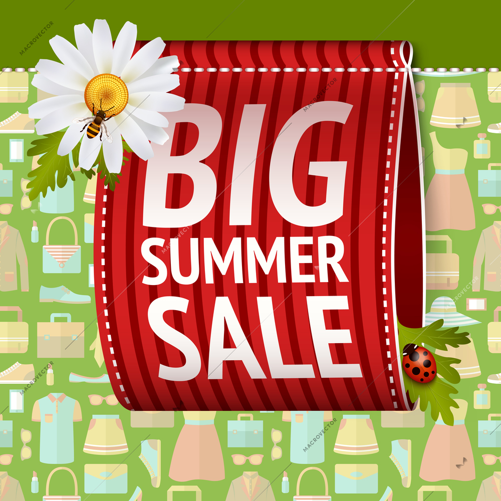 Big summer sale size label ribbon set on clothing background vector illustration