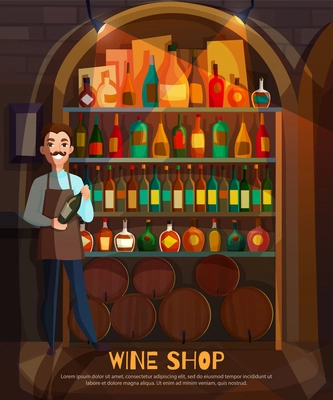 Wine shop with wine collection and variety symbols flat vector illustration