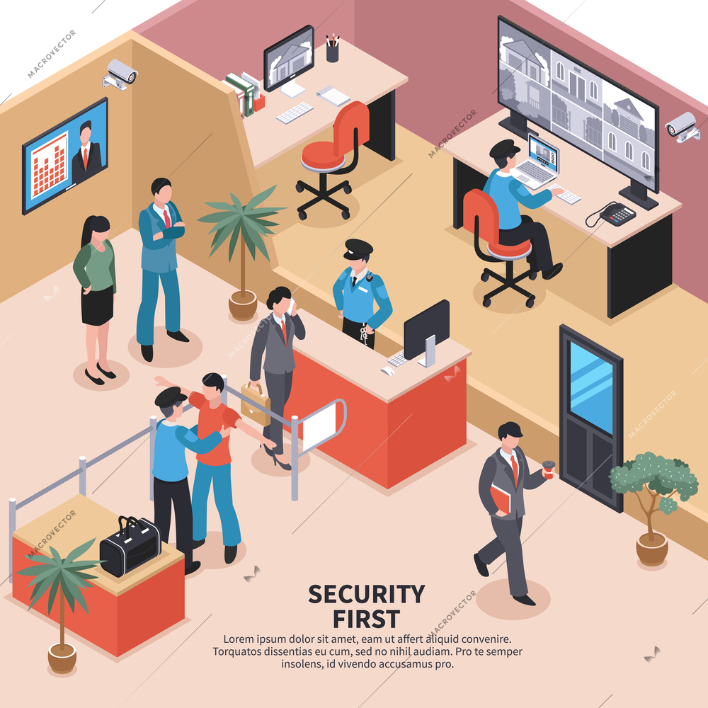 Isometric security system control composition with editable text and office entrance checkpoint interior with workers inspection vector illustration