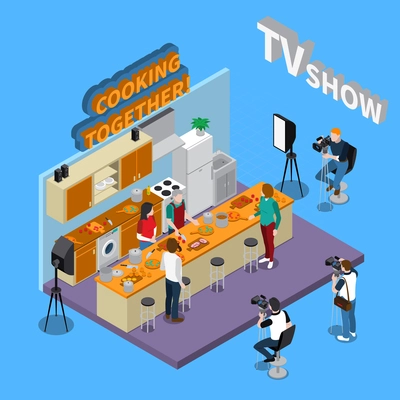 Cooking master class tv show with chef, visitors and cameramen, isometric composition on blue background vector illustration