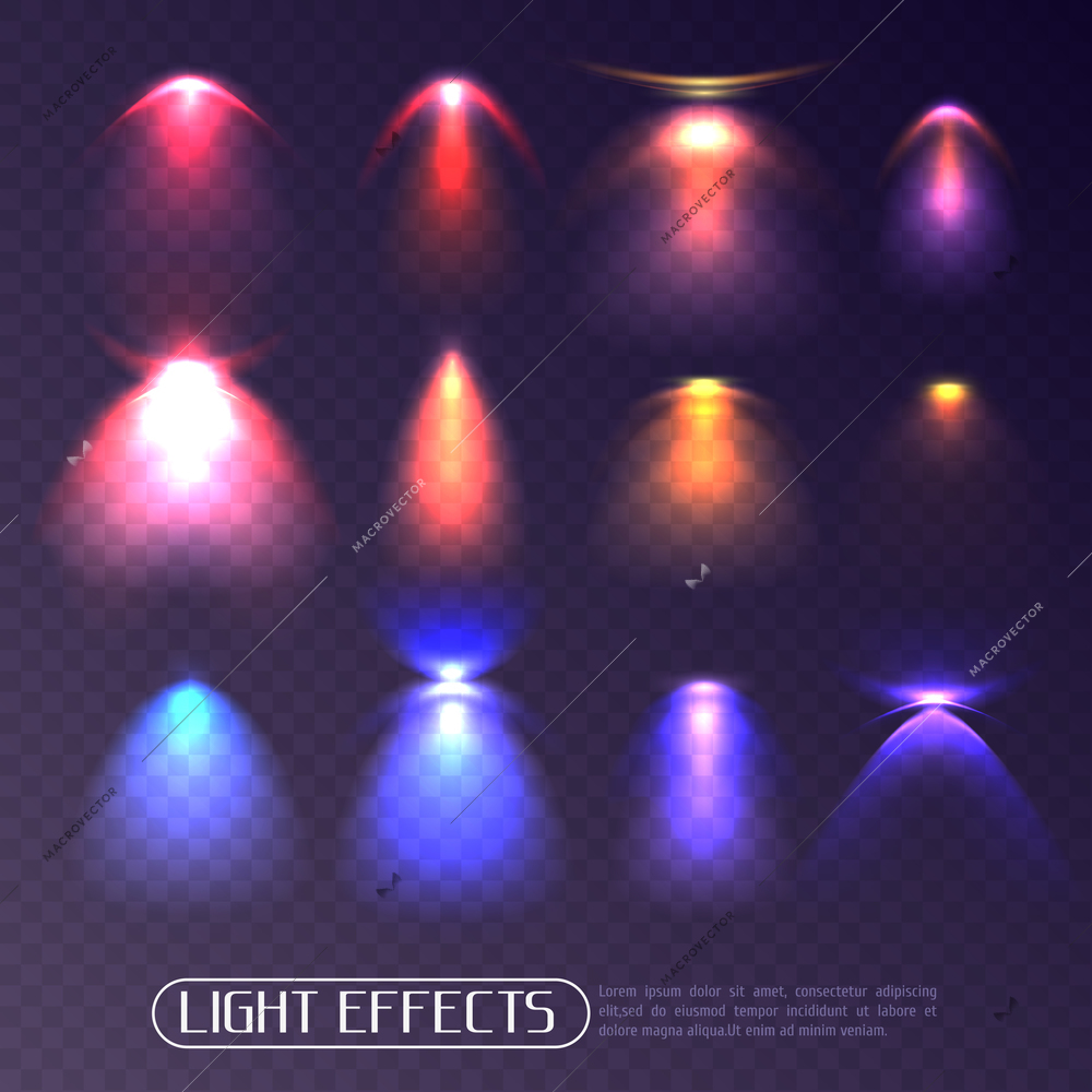 Set of colored artificial light effects of various intensity isolated on transparent background vector illustration