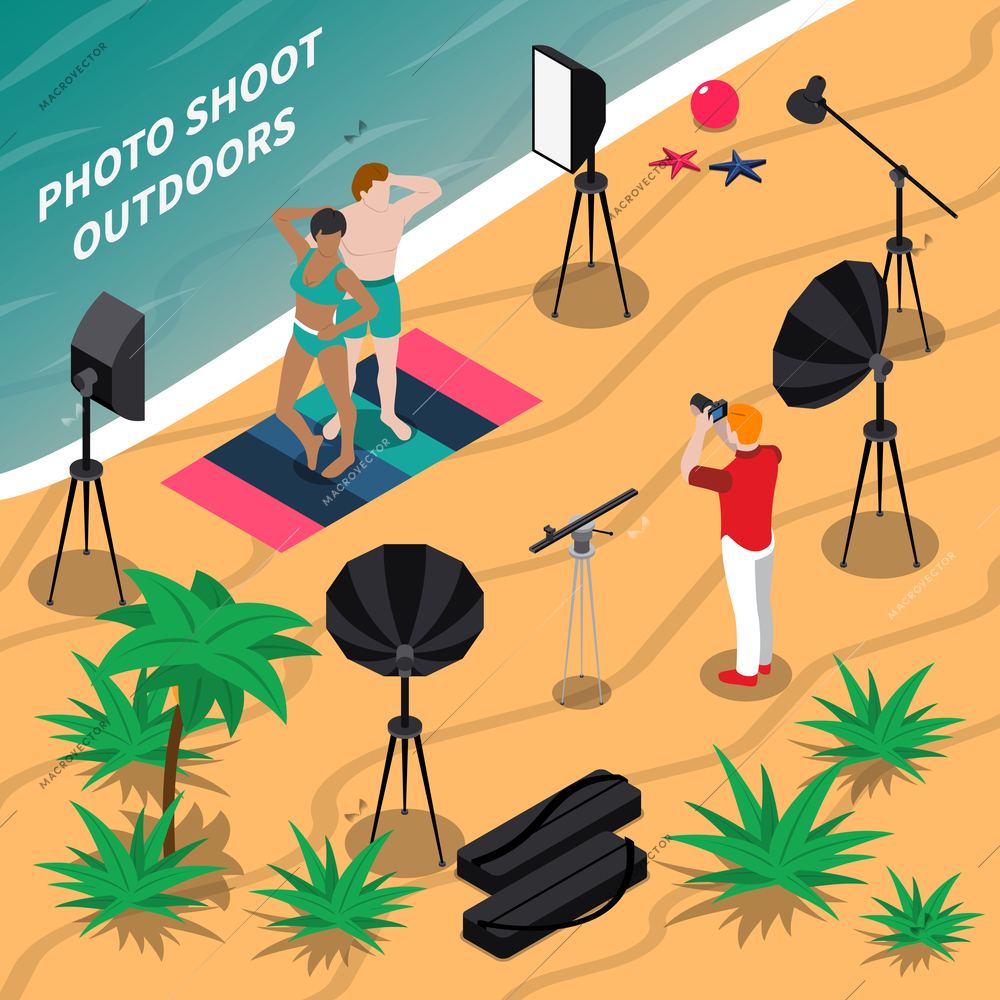 Photo shooting outdoors isometric composition with models posing in swimsuits on beach, photographer with camera vector illustration