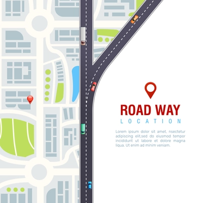 Road navigation poster with vehicles on highway, city map with location sign on white background vector illustration