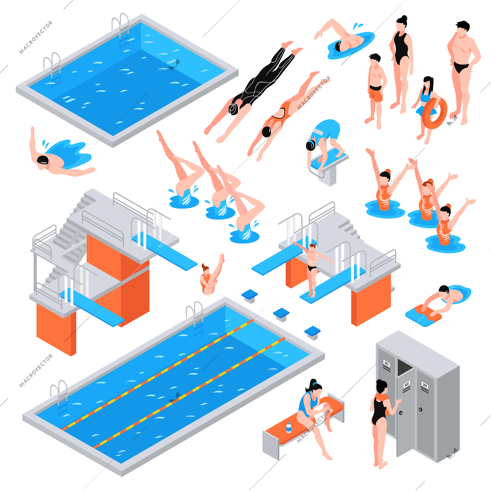 Isometric swimming pool set of isolated pool elements icons of equipment plungers and swimmers human characters vector illustration